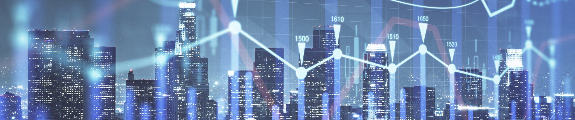 Forex chart on cityscape with tall buildings background multi exposure.