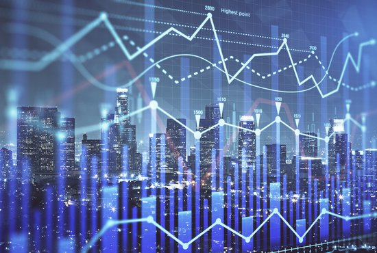 Forex chart on cityscape with tall buildings background multi exposure.