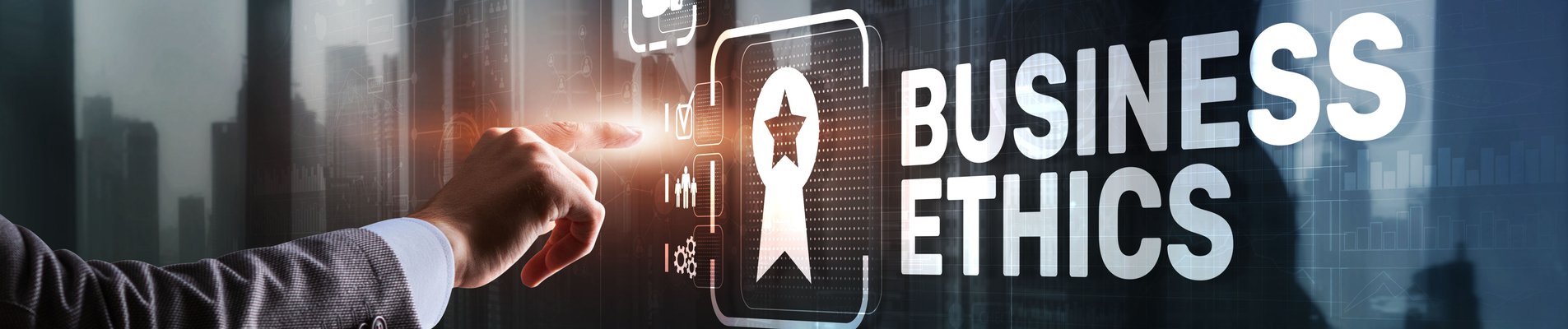 Business ethics Behavior and manners concept. Businessman pressing button on virtual screen.