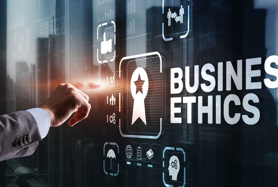 Business ethics Behavior and manners concept. Businessman pressing button on virtual screen.