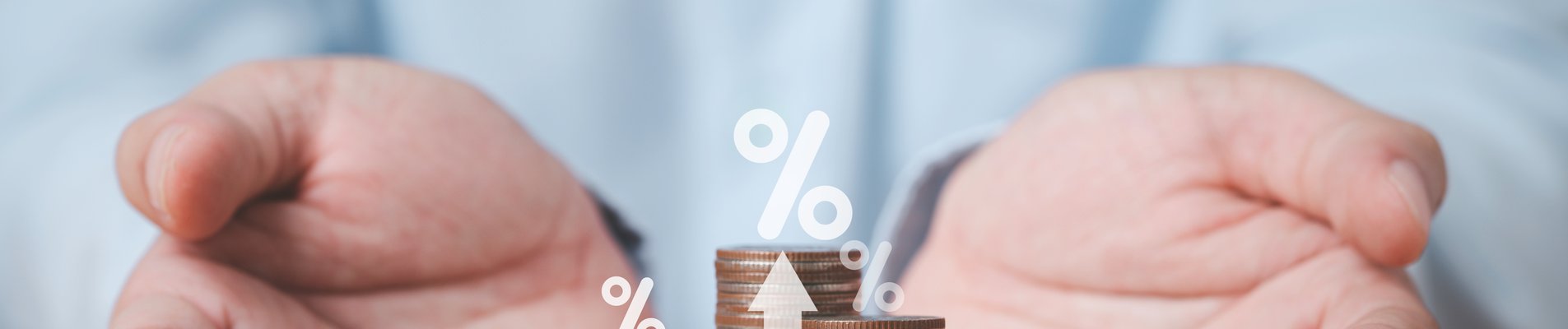 Two hand giving heap of coins money with up arrow and percentage symbol for financial banking increase interest rate