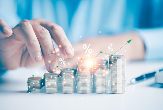 Two hand giving heap of coins money a sparkle with an arrow up